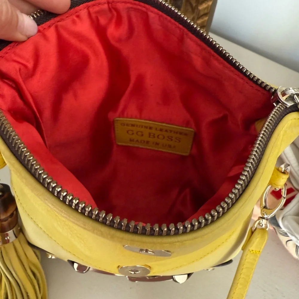 Sunny Yellow Leather Crossbody with Horsebit like and Bamboo Tassel Accent - Picture 8 of 10